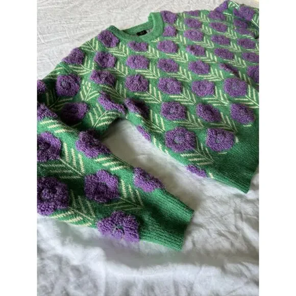 Green Purple Floral Knit Pullover Cottagecore Women's Sweater S/M - Picture 8 of 10